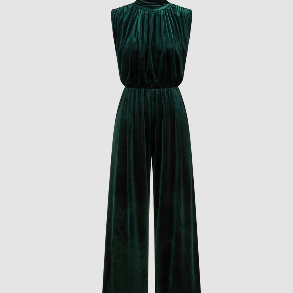 Cider Green Velvet Jumpsuit with Mock Neck and Wide-Leg Design